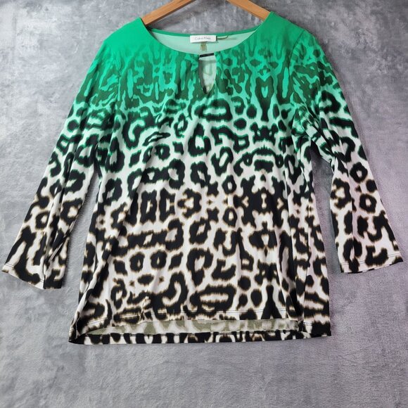 Calvin Klein Womens L Green Leopard Print Keyhole Top Career Blouse 3/4 Sleeve - Picture 1 of 9